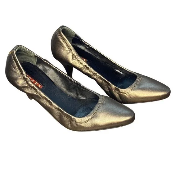 Prada Metallic Bronze Ruched Leather Stiletto Heels Women's Shoes Size 6.5 - Picture 2 of 14